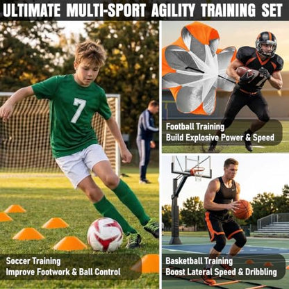MUROZA Agility Ladder, Agility Speed Training Equipment Set, 20ft Speed Ladder, 12 Soccer Cones, 4 Hurdles, Jump Rope, Running Parachute, Soccer Football Basketball Training Equipment Accessories - color: Orange