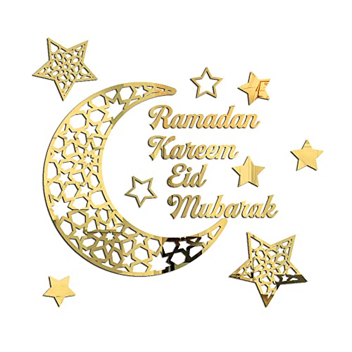Ramadan Decorations for Home 2026, Gold Acrylic Ramadan Mubarak Eid Kareem Sign Crescent Moon Stars Wall Stickers Window Decal, Eid Al Adha Living Room Door Decor, Islamic Muslim Gifts