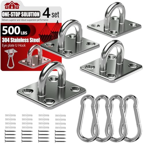 sprookber 304 Stainless Steel Pad Eye Snap Hooks, M5 Heavy Duty Ceiling Hooks, 500 lb Capacity Hammock Swing Hanging kit, Plant Hangers, Marine Hardware Staple Hook Loop with Screws, Set of 8 - size: 2 Inch, style: Square