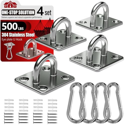 sprookber 304 Stainless Steel Pad Eye Snap Hooks, M5 Heavy Duty Ceiling Hooks, 500 lb Capacity Hammock Swing Hanging kit, Plant Hangers, Marine Hardware Staple Hook Loop with Screws, Set of 8 - size: 2 Inch, style: Square