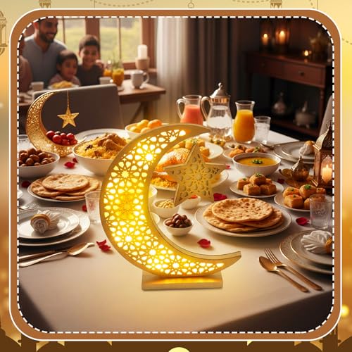 Cinnvoice Ramadan Decorations Moon Ramadan Lights for Table Home 2026, Crescent Lunar Moon Lamp for Eid Mubarak Decor Eid Ul Fitr Lamp Gifts Bedroom Livingroom(Wooden,Classic Style) - style: Classic Style