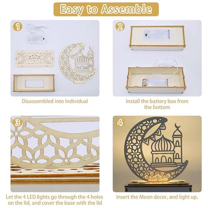 Ramadan Decorations for Home, Ramadan Lights, Eid Mubarak Decorations, 3D Wooden Eids Decoration Lights Home Party Bedroom for Muslims, Eid al-Fitr al-Adha Islamic Table Decor