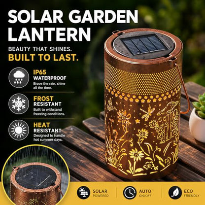 Solar Lantern Outdoor Waterproof, Metal Butterfly, Hummingbirds, Dragonflies, Frogs, Turtles, Flowers, Mushrooms, Garden Decor for Yard, Patio, Lawn, Porch, Backyard, Gifts for Women - style: Garden Life 1 Pack (Bronze-4" Dia)