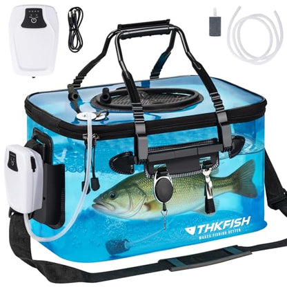 THKFISH Foldable Transparent Fishing Bucket, 8 Gallon Foldable Bait Bucket, Live Fish Container Multi-Functional Bait Bucket, Live Bait Fishing Bucket for Saltwater, Camping (8Gallon) - size: 8Gallon with Aerator