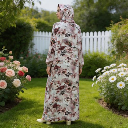 Floral Print Abaya with Matching Scarf, Long Sleeve Loose Modest Maxi Dress for Women, Breathable