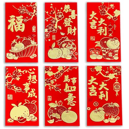 36pcs Red Envelopes Chinese New Year, Chinese Hong Bao Envelopes for Money, 2026 Lunar New Year of The Horse Red Packets with 6 Unique Gold Embossed Designs for Spring Festival, Large