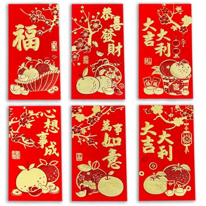 36pcs Red Envelopes Chinese New Year, Chinese Hong Bao Envelopes for Money, 2026 Lunar New Year of The Horse Red Packets with 6 Unique Gold Embossed Designs for Spring Festival, Large