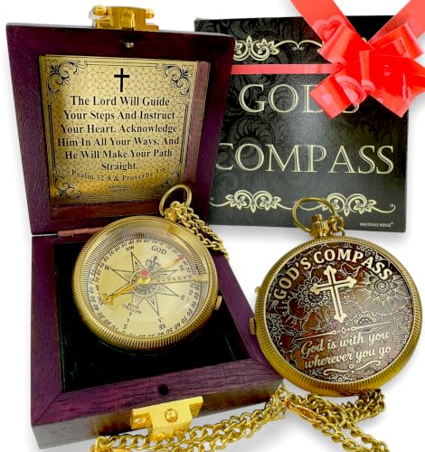 God's Compass Brass Compass with Wooden Keepsake Box & Greeting Card, Christian Gifts for Men, Women & Teen Boys, Baptism Gift, First Communion, Confirmation, Graduation, Inspirational Religious Gift
