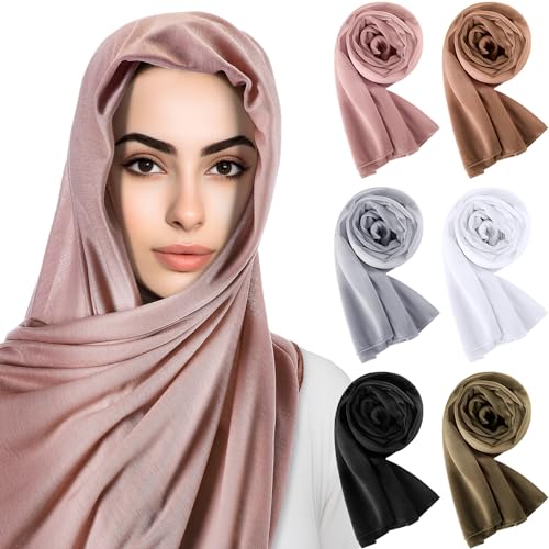 6 Pack Hijab Scarves for Women Muslim Head Wraps Jersey Hijab Soft Long Scarf Wrap for Muslim Shawl - color: Plain Colors