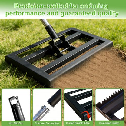 Lawn Leveling Rake 17"x10" for Soil, Gravel Leveling Tool Heavy Duty with Adjustable Long Handle, Garden Level Rake with Tines for Yard, Landscape, Leveling Sand, Grass, Dirt, Ergonomic & Durable - size: 17"x10"