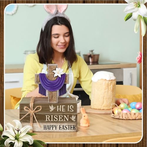 4 Pcs Easter Decorations He is Risen Wooden Sign Christian Table Centerpiece Religious Cross Tiered Tray Decor Decorative Faux Book Stack Block (Easter) - style: Easter