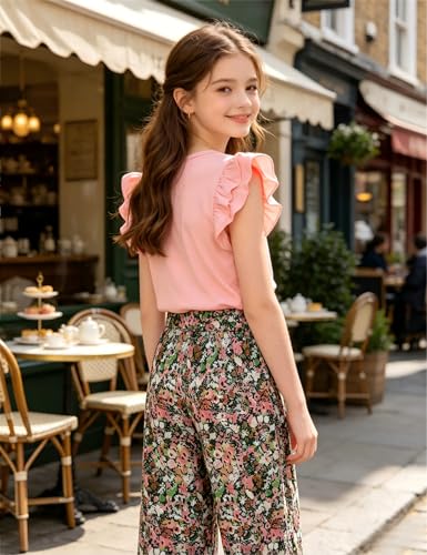 GEMLON Girls' Clothing Sets Solid Ruffle Sleeve Tank Top and Printed Wide Leg Pant 2 Piece Set Summer Outfits for Girls 5-14Y - color: Pink, size: 11-12 Years