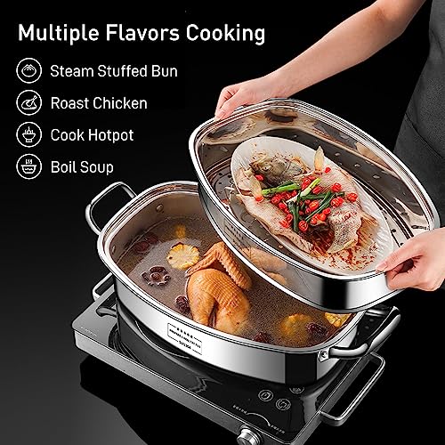 Eglaf 2-Tier Stainless Steel Fish Steamer - Multi-Use Square Steaming Cookware with Rack, Ceramic Plate, Chuck, Oven Mitts - Stockpot for Steaming Fish, Boiling Soup | Multi-Use Steaming with Rack, Ceramic Plate, Chuck, Oven Mitts, Stockpot for Steaming F