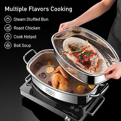 Eglaf 2-Tier Stainless Steel Fish Steamer - Multi-Use Square Steaming Cookware with Rack, Ceramic Plate, Chuck, Oven Mitts - Stockpot for Steaming Fish, Boiling Soup | Multi-Use Steaming with Rack, Ceramic Plate, Chuck, Oven Mitts, Stockpot for Steaming F