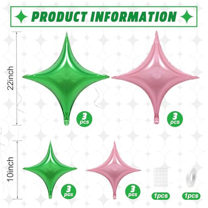 Pink Green Star Balloons,12Pcs Four Angle Star Foil Balloons - color: Pink Green
