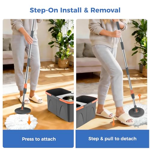 YASHE Foldable Spin Mop and Bucket System, Dual-Bucket Cleaning & Stainless Steel Wringing, Collapsible Storage with Detergent Bottle, 2 Reusable Microfiber Mop Heads for Floor Cleaning