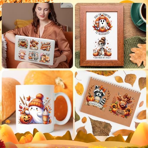 Fall UV DTF Stickers - 20 Sheets Autumn Ghost UV DTF Cup Wraps for 16 OZ Glass Mugs, Cute Pumpkin Skeleton Bow UVDTF Stickers, Cow Raccoon Rub on Transfer Decals for Water Bottles Tumblers - style: Fall