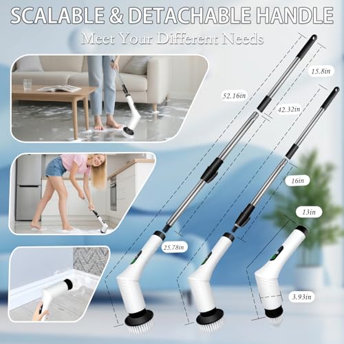 Spin Scrubber, 9-in-1 Multifunctional Electric Cleaning Brush with Detachable Handle, 9 Replaceable Brush Heads & LCD Display, Rechargeable for Bedroom, Bathroom, Kitchen, Car - color: White