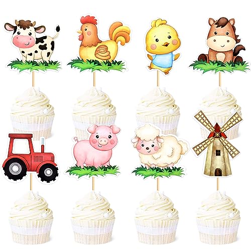 Ercadio 32 Pack Farm Animal Cupcake Toppers - Cow, Sheep, Horse Cupcake Picks for Animal Theme Baby Shower, Barnyard Birthday Party Cake Decoration Supplies - color: B-farm 1