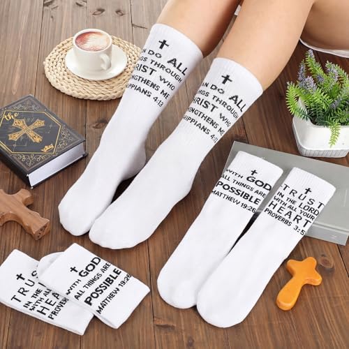 Shyyween 6 Pairs Christian Sock with Bible Verse Religious Easter Gift Christian Gift Ideas Catholic Crew Socks for Men Women - color: White