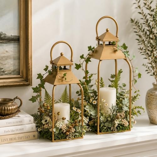 16" 12" Farmhouse Metal Lanterns, Arched Handle Candle Holder for Fireplace - color: Gold, size: 16" / 12"