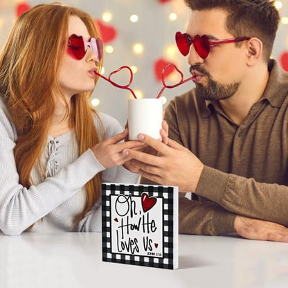 Smile Christian Valentine's Day Wooden Decor, Buffalo Plaid Heart | Oh How He Loves Us, John 3:16 Ornament, Indoor Decoration, Gift Box Included - style: Christian Valentine
