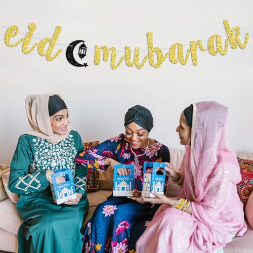 Eid Mubarak Banner, Ramadan Mubarak Banner for Hajj Eid Umrah Islamic Festival Muslim Party Decorations Supplies Gold Glitter