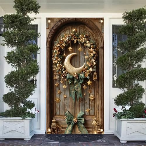 Gold Moon Door Cover Banner 71x35 Inch Christmas Decoration with Stars Lanterns and Green Bow Front Door Indoor Outdoor Holiday Party Home Ornament - color: Style 5