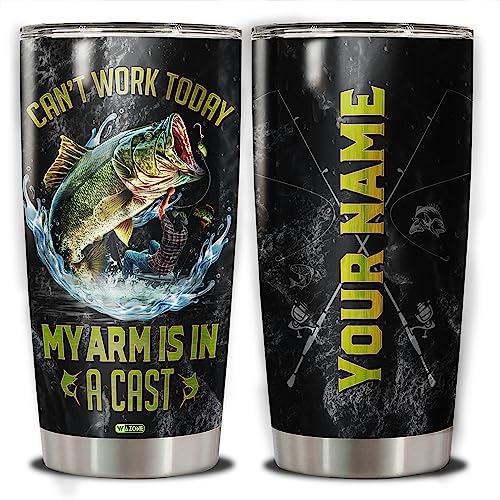 WAZONE Personalized Fishing Tumbler Can't Work Today My Arm Is In A Cast Stainless Steel 20oz 30oz Coffee Travel Mug Birthday Christmas Customized Gifts Name for Men Fisherman Fishing Lovers - color: Fishing