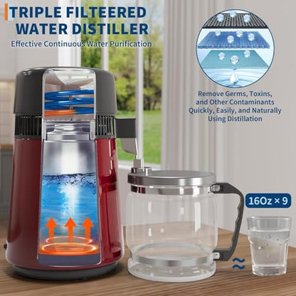 4L Countertop Stainless Steel Distilled Water Purifier, Distilled Water Making Machine with Glass Container, Ideal for Household, Workplace, Lab, and Aquarium Usage-Red - color: Red