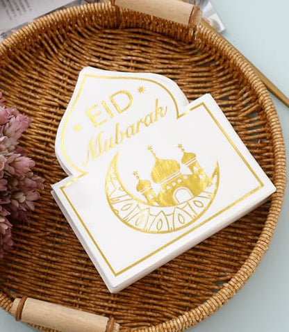 Eid Mubarak Napkins - 50 PK - Bluk Ramadan Eid Mubarak Party Napkins Disposable Napkins Paper Napkins for Eid Mubarak Decorations White and Gold