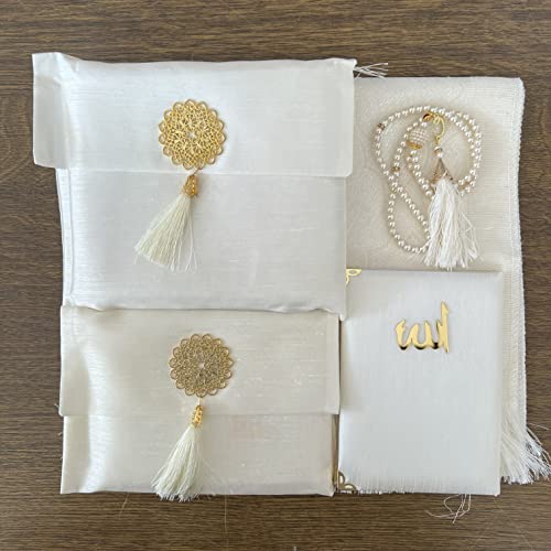 Muslim Prayer Rug, Bag&Yaseen Surah Pocket-Size Book, Bag&Prayer Beads Set I Perfect Islamic Gift I Prayer Rug Travel I Muslim for Men&Women I Soft Islamic Mat | Luxury Islamic Gifts (1 Set, Cream) - color: Cream, size: 1 Set