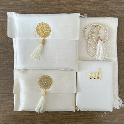 Muslim Prayer Rug, Bag & Yaseen Surah Pocket-Size Book, Bag & Prayer Beads Set I Perfect Islamic Gift I Prayer Rug Travel I Muslim for Men&Women | Luxury Islamic Gifts (5 Sets, Cream) - color: Cream, size: 5 Sets