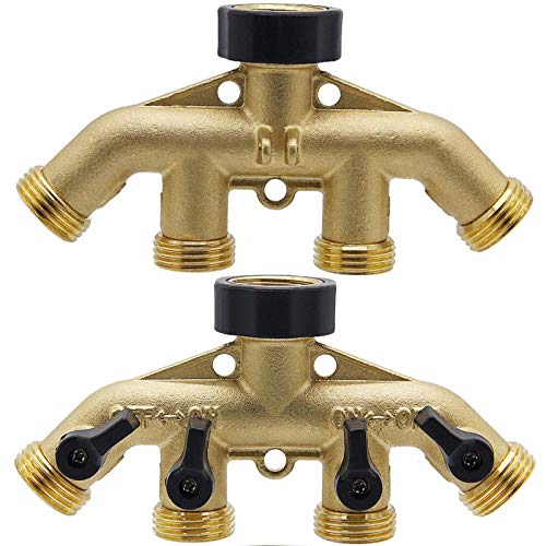 Biswing 4 Way Brass Hose Splitter, 3/4" Brass Hose Faucet Manifold, Garden Hose Adapter Connector, Hose Spigot Adapter with 4 Valves - size: 4 Way