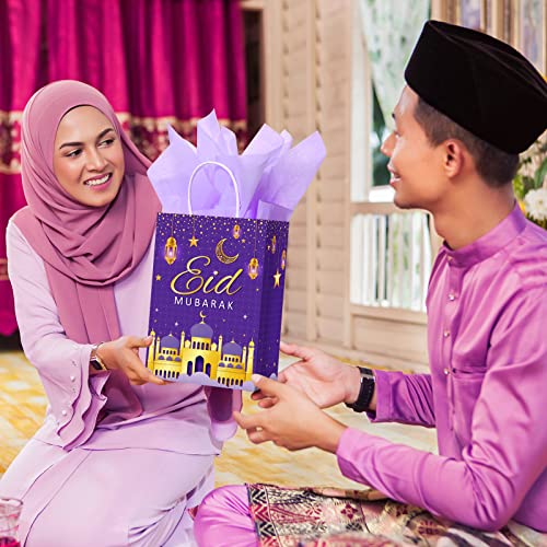 Censen 16 Sets Eid Mubarak Gift Bags with Tissue Paper, Ramadan Goodies Bags for Ramadan Party Supplies Favor (Purple) - color: Purple