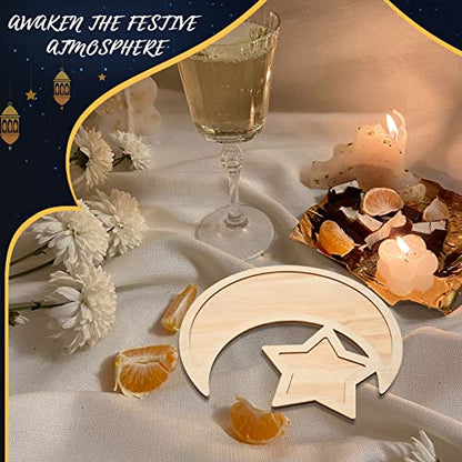 Queekay 2 Pieces Ramadan Tray Eid Mubarak Tray Wooden Star Moon Shaped Ramadan Islam Wooden Artistic Moon Star Dessert Pallet Eid Mubarak Decorations for Table Islam Artistic