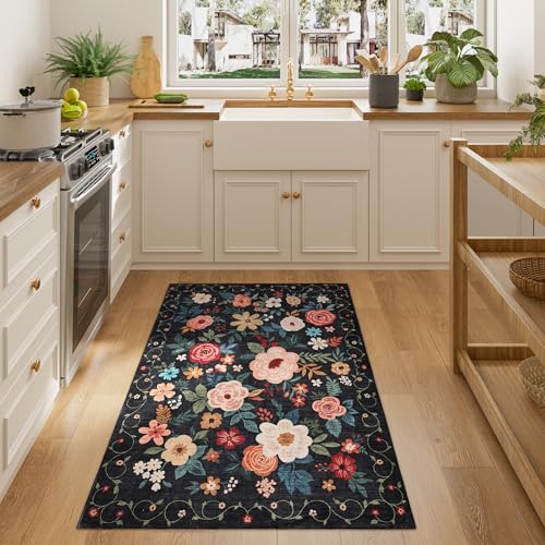 DUKINO 3x4 Area Rug, Floral Washable Rug for Kitchen Non Slip, Black - color: Black, size: 3' x 4' (Rectangular)