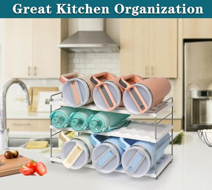 10.6-16.7" Adjustable Width Water Bottle Organizer for Cabinet, 3-Tier Expandable Water Bottle Holder Rack, Cup and Tumbler Storage for Kitchen Organization, Sports Flask, Insulated Travel Mug, Fridge - size: 3 Tier-15