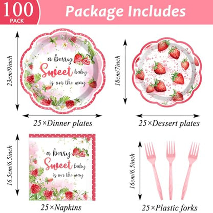 Qyeahkj 100 Pcs Strawberry Baby Shower Party Plates Napkins Forks Supplies Set Sweet Berry Tableware Party Supplies A Berry Sweet Baby Is On The Way Strawberry Dinnerware Decorations Favors Serve 25 - style: Strawberry Theme Baby Shower