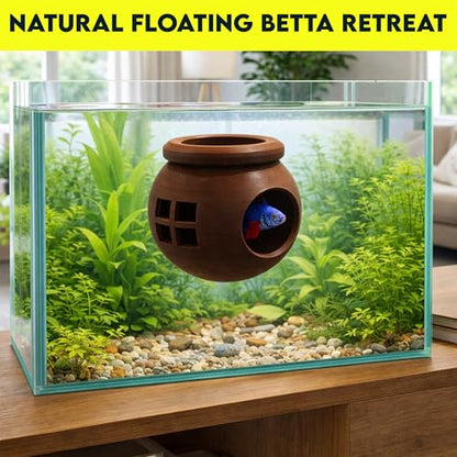 Floating Cozy Betta House, Natural Floating Betta Hide Out, Aquarium Hammock, Relaxing & Stress Relief, Suction Cup Included, 2.9" W x 2.6" H - color: Dark Brown