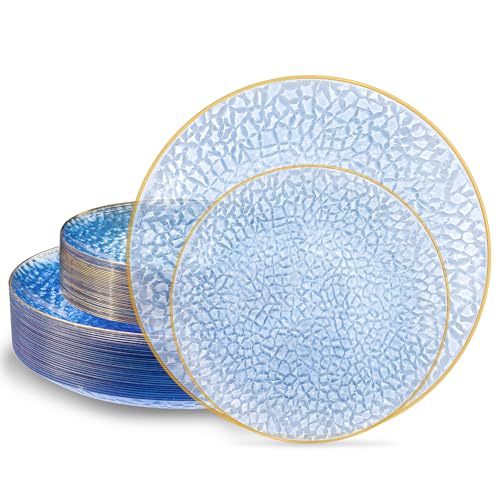 SUT 36Pcs Blue Plastic Plates, Hammered Plates Disposable Heavy Duty, Blue Disposable Plates With Gold Rim, Fancy Plastic plates Include 18 Dinner plate and 18 Dessert plate for Wedding - color: Bule, size: 36PCS