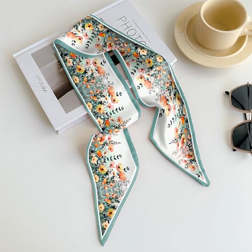 Head Hair Scarf Neck Silk Feeling Scarves Long Thin Satin Fashion Handbag Cute Decoration Women Girls 59 * 6.7'' - color: O-8-leaf Flower