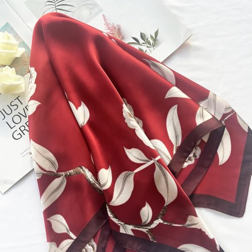 FONYVE Silk Feeling Scarf Medium Square Satin Head Scarf for Women 27.5 × 27.5 inches - color: 03 Red Flowers