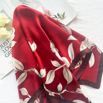 FONYVE Silk Feeling Scarf Medium Square Satin Head Scarf for Women 27.5 × 27.5 inches - color: 03 Red Flowers