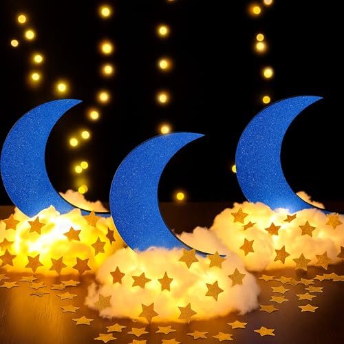 Wonderjune 9 Sets Star and Moon Centerpieces Baby Shower Decor, Blue - color: Glitter Blue