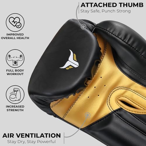 Mytra Fusion Boxing Gloves – Kickboxing Gloves for Men & Women Boxing Training Gloves MMA Muay Thai Gloves Punching Gloves - color: Black/Gold, size: 18-oz
