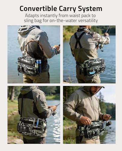 CVLIFE Fishing Tackle Bag Waist Pack with Rod Holder, Waterproof Fanny Pack | 900D Fabric, Convertible Carry, Detachable Shoulder Strap, Landing Net Holster, 3600 Tackle Box, Waterproof Pouch, Carabiners - color: Tactical Camo