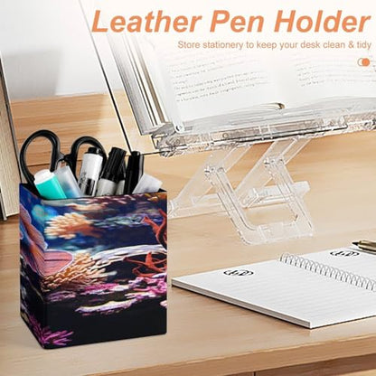 Coral Reef Fish Aquarium Square Pen Holders Classical Design Pencils Holders Makeup Brush Holders Leather Pen Holder Cup Desktop Stationery Organizer for Office Supplies