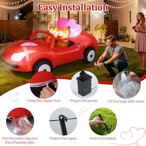 Lewondr 7.5FT Valentine's Day Inflatable Outdoor Decorations, Lovely Bears Drive a Car Blow up Romantic Yard Decoration with 10 Build-in Lights, Valentine's Inflatable Decor for Lawn Party Wedding - style: Car