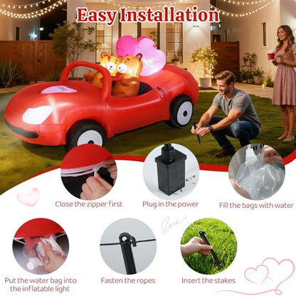 Lewondr 7.5FT Valentine's Day Inflatable Outdoor Decorations, Lovely Bears Drive a Car Blow up Romantic Yard Decoration with 10 Build-in Lights, Valentine's Inflatable Decor for Lawn Party Wedding - style: Car